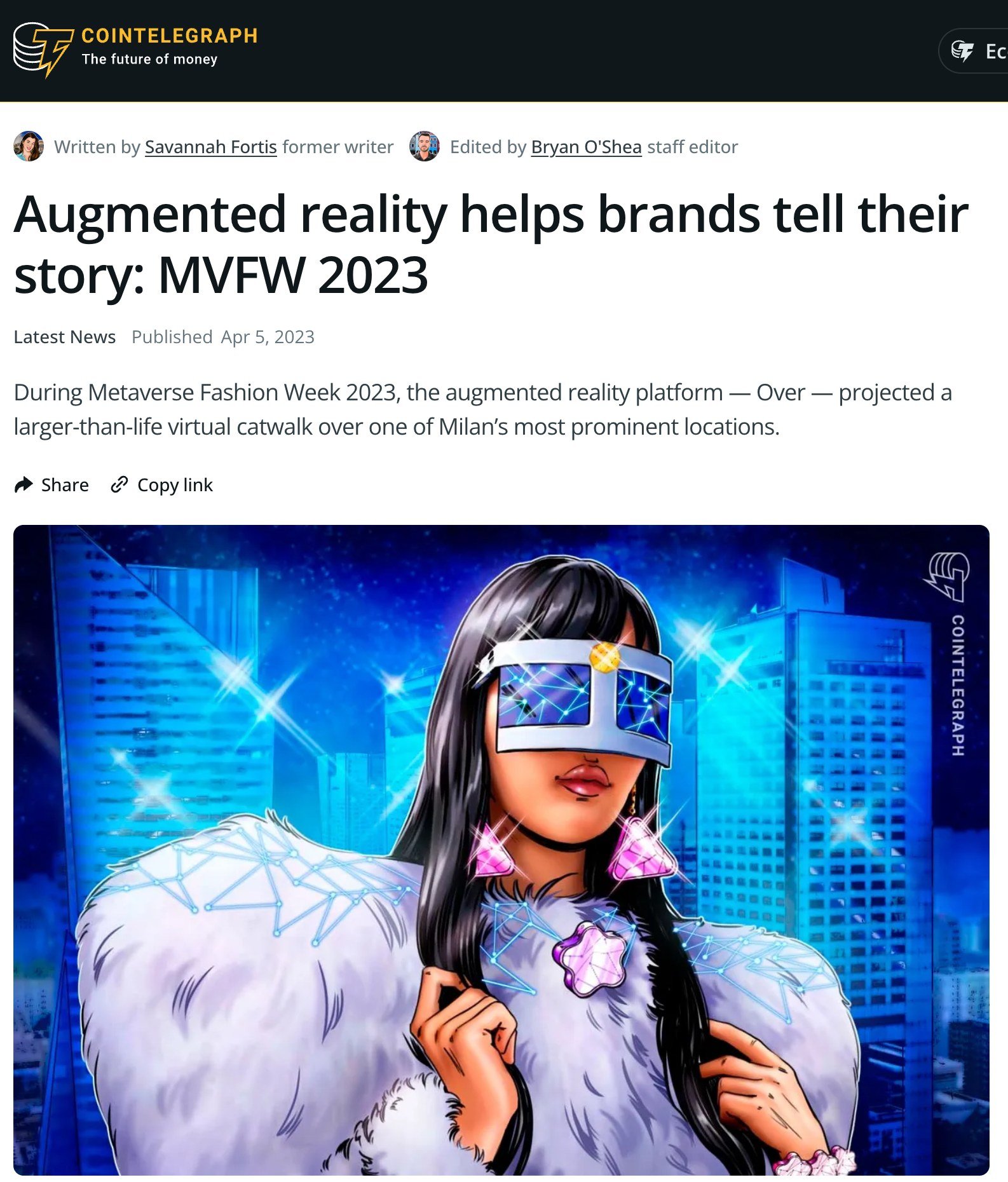 Cointelegraph: Augmented reality helps brands tell their story, MVFW 2023