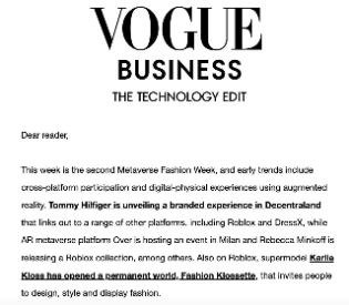 Vogue Business, The Technology Edit newsletter, Metaverse Fashion Week issue