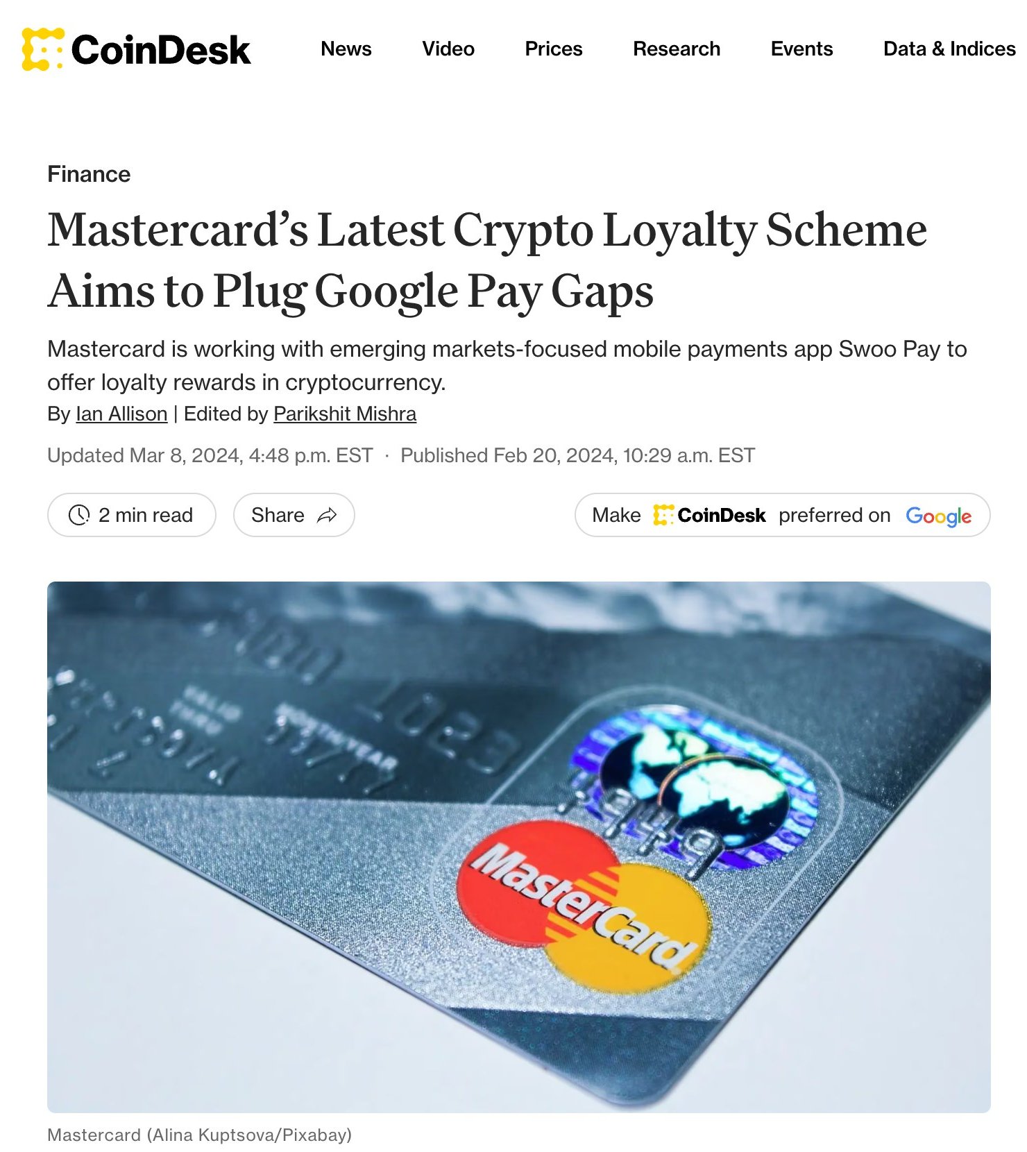 CoinDesk: Mastercard’s Latest Crypto Loyalty Scheme Aims to Plug Google Pay Gaps