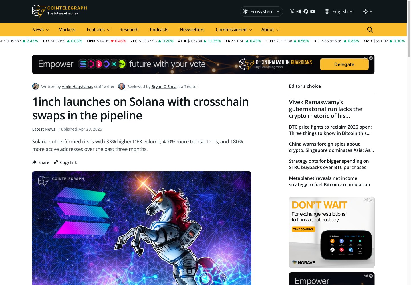 Cointelegraph: Solana launch